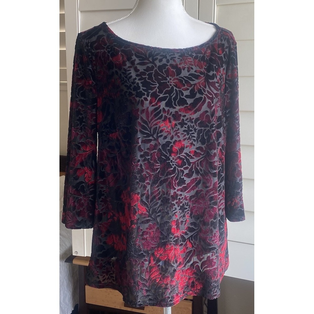 Roz & Ali‎ Top Velvet Burn Out Womens XL Black Red Floral Whimsigoth Sheer Tunic